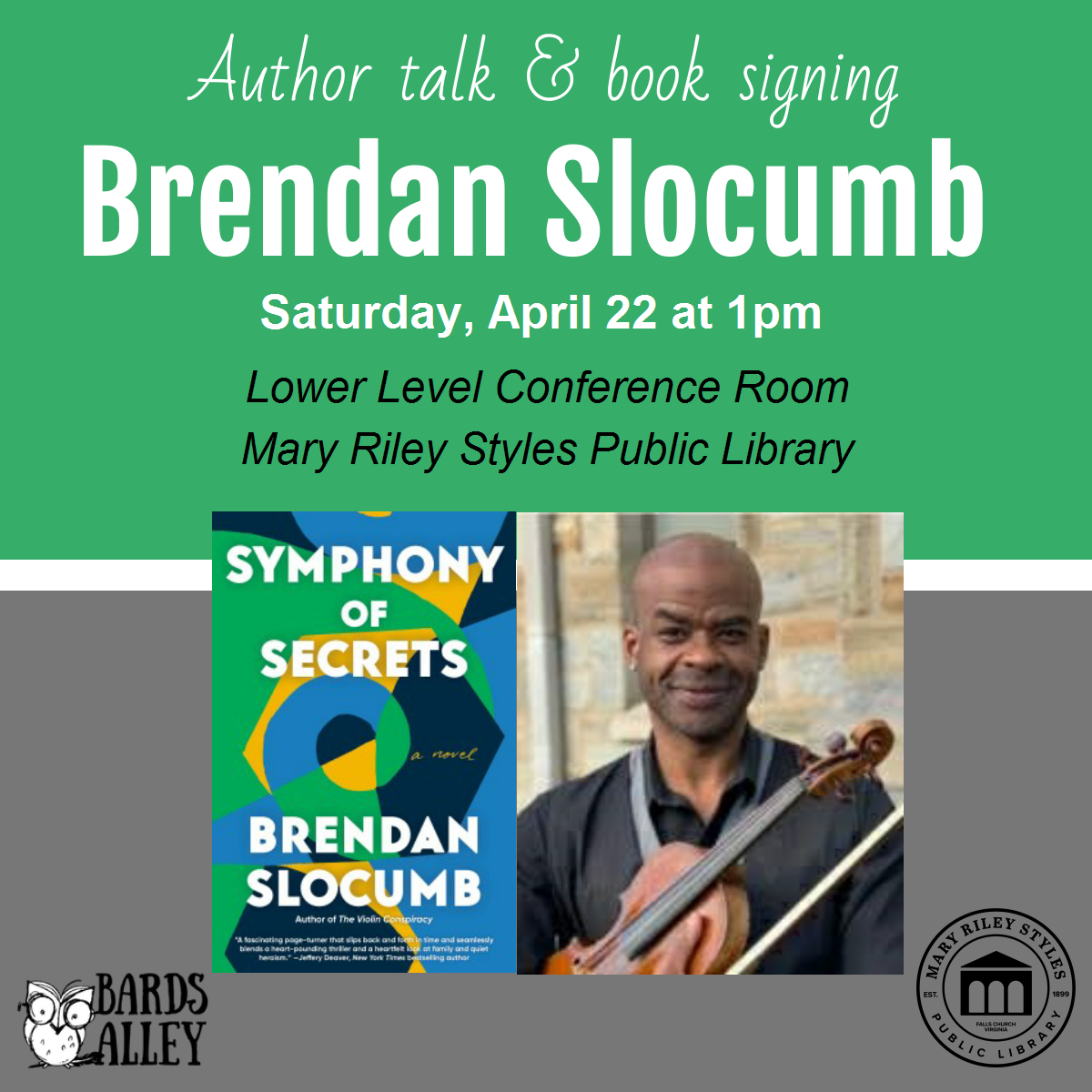 Author Brendan Slocumb and book cover Symphony of Secrets