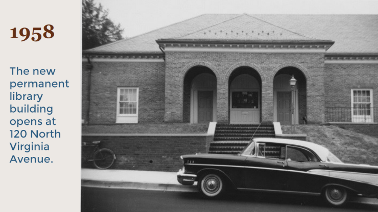 1958 The new permanent library building opens at 120 N. Virginia Avenue. 